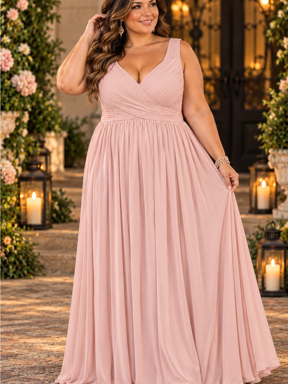 Plus Size V‑Neck Maxi Dress in Pale Pink